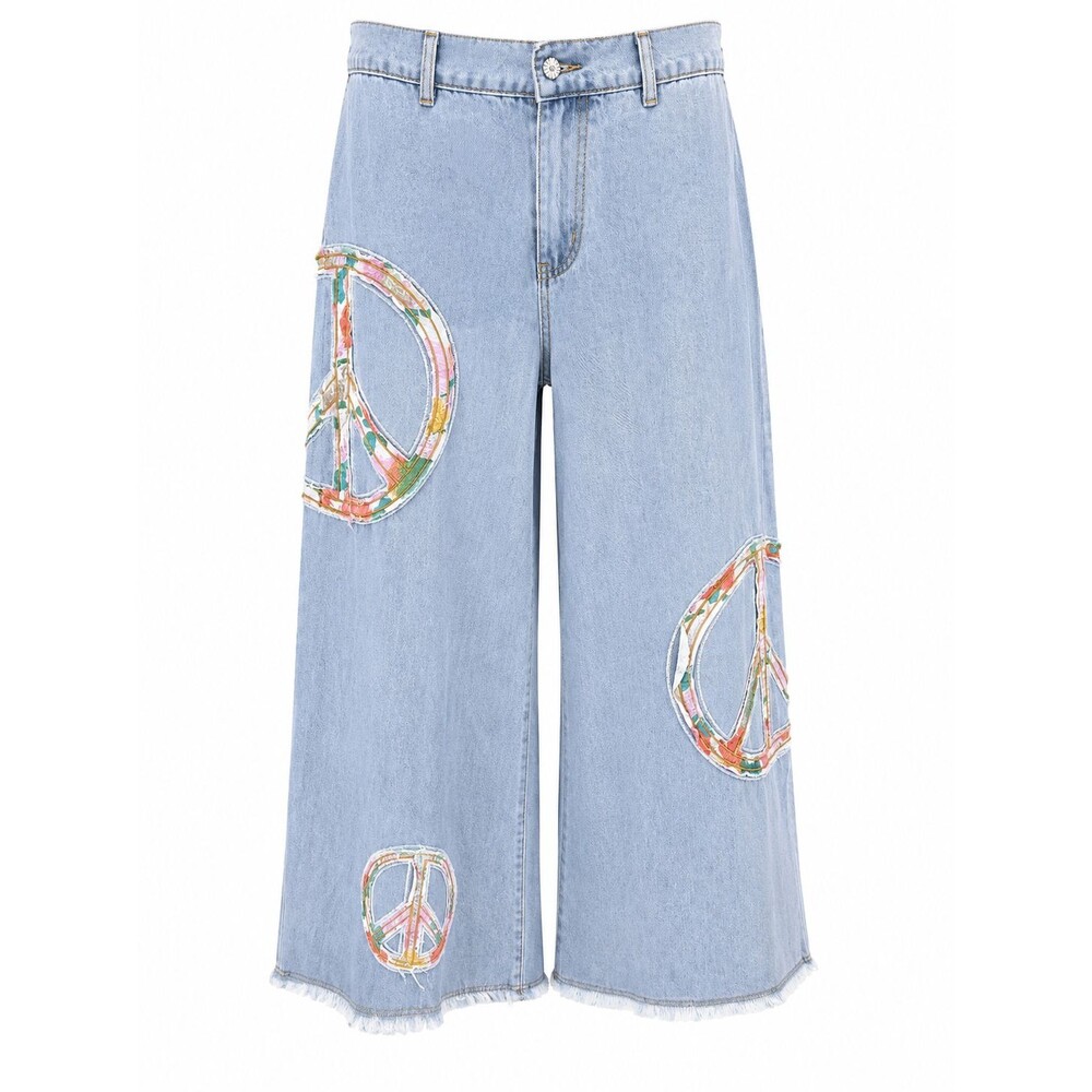 NWT Lightweight Davi & Dani Peace Patch Wide Leg Jeans Boho Denim Pants Size M
